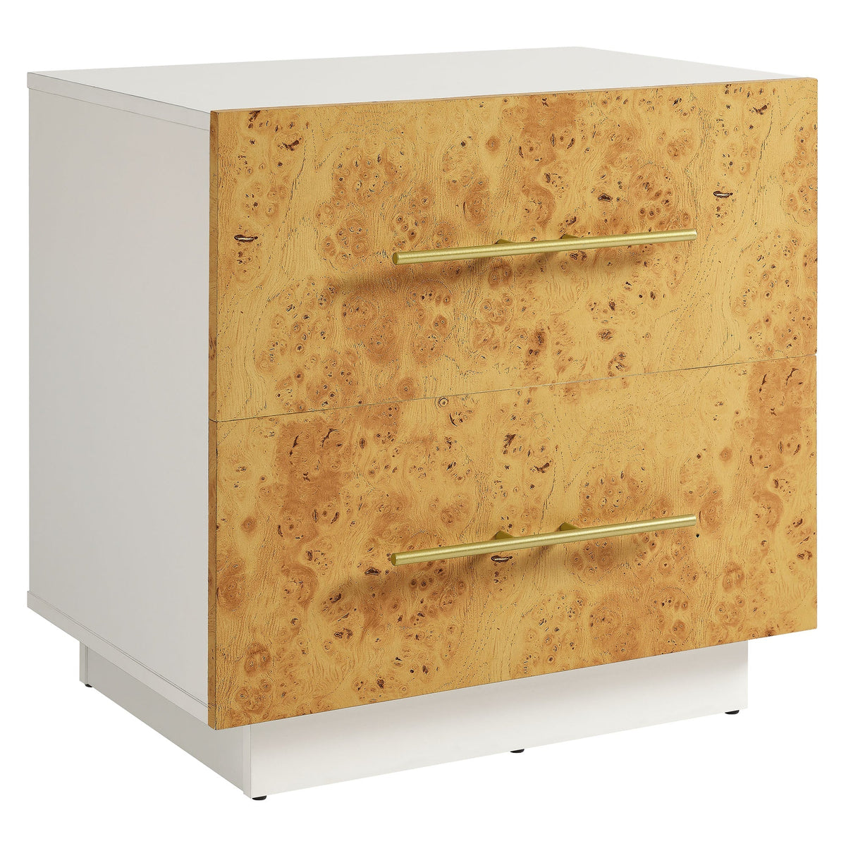 Abel 2-Drawer Burl Wood Nightstand white body with gold bar pull on Tampa Home & Garden Store