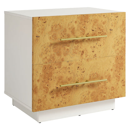 Abel 2-Drawer Burl Wood Nightstand white body with gold bar pull on Tampa Home & Garden Store