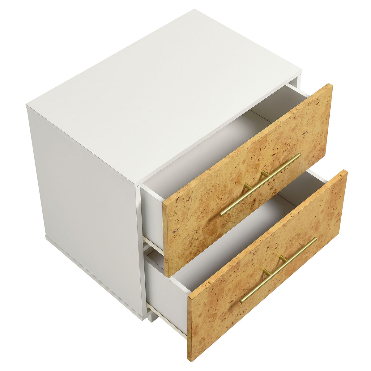 Abel 2-Drawer Burl Wood Nightstand by Modway with white frame, burl fronts, brass handles on Tampa Home & Garden Store