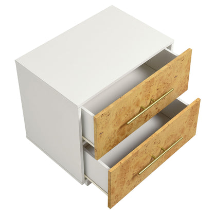 Abel 2-Drawer Burl Wood Nightstand by Modway with white frame, burl fronts, brass handles on Tampa Home & Garden Store