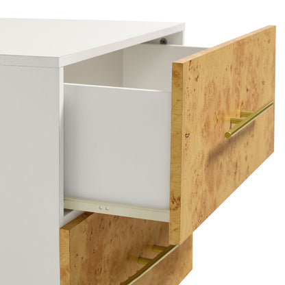 Abel 2-Drawer Burl Wood Nightstand, white body, burl front on Tampa Home & Garden Store