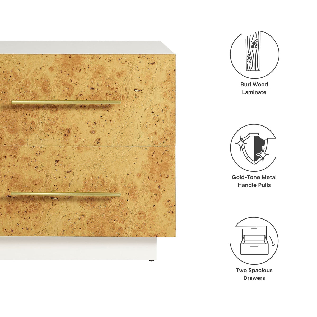 Abel 2-Drawer Burl Wood Nightstand by Modway with white top and gold-tone metal pulls on Tampa Home & Garden Store