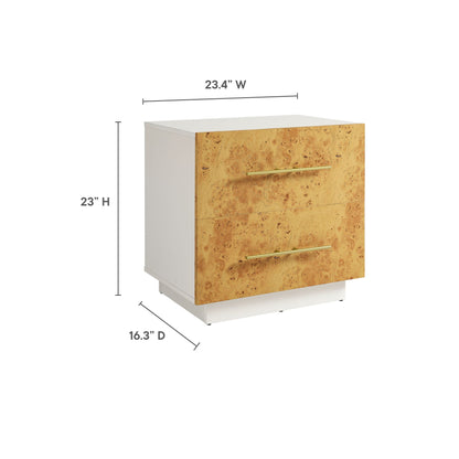 Abel 2-drawer burl wood nightstand with white body and gold bar pulls on Tampa Home & Garden Store