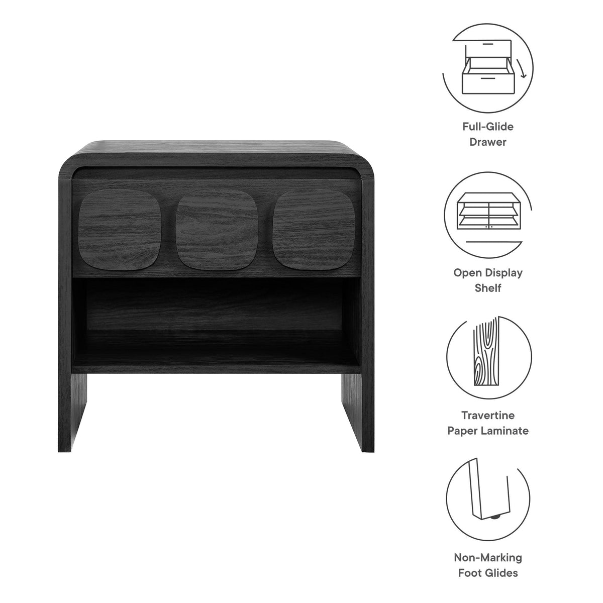Toscana 1-Drawer Nightstand in dark wood with rounded drawer fronts and open display shelf on Tampa Home & Garden Store