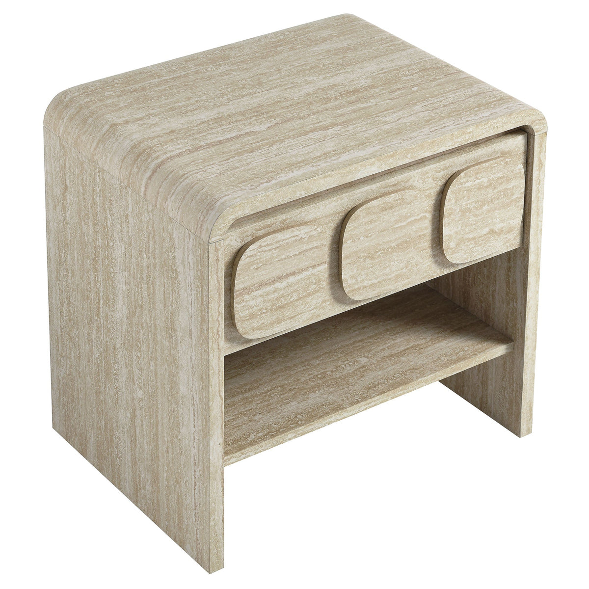 Toscana 1-Drawer Nightstand stone finish with rounded front and open shelf on Tampa Home & Garden Store