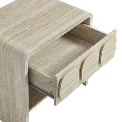 Toscana 1-Drawer Nightstand in travertine finish with curved silhouette and metal drawer glide on Tampa Home & Garden Store