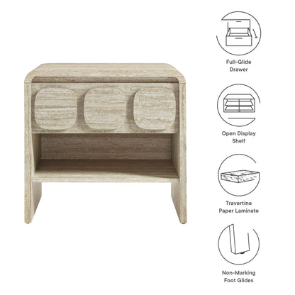 Toscana 1-Drawer Nightstand travertine laminate full-glide drawer open display shelf on Tampa Home & Garden Store