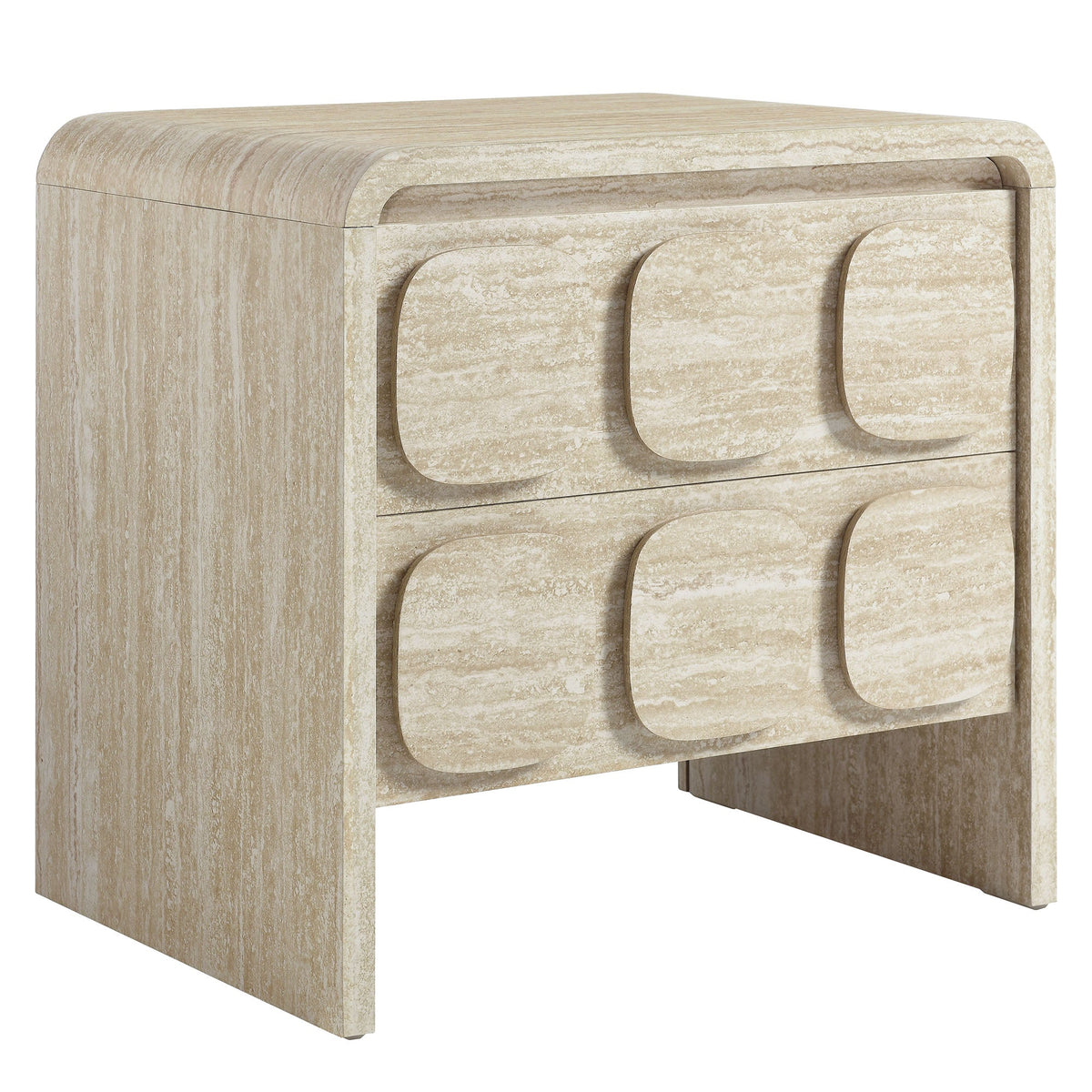 Toscana 2-Drawer Nightstand beige travertine finish with rounded fronts on Tampa Home & Garden Store