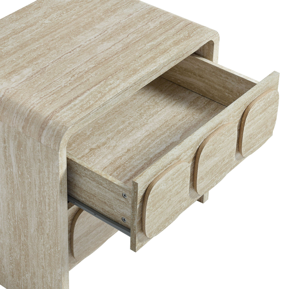 Toscana 2-Drawer Nightstand beige stone finish with curved drawer fronts and an open drawer on Tampa Home & Garden Store