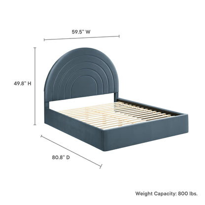 Solana arched velvet full platform bed in bluegray with wooden slats on Tampa Home & Garden Store