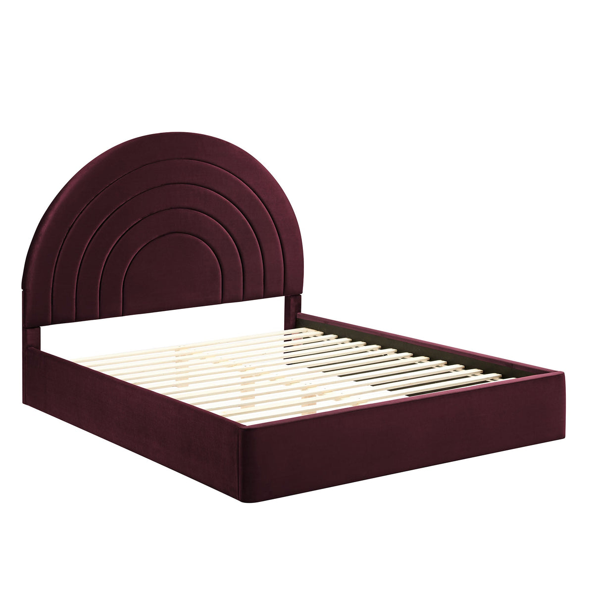 Solana arched velvet full platform bed with burgundy upholstery and slatted base on Tampa Home & Garden Store