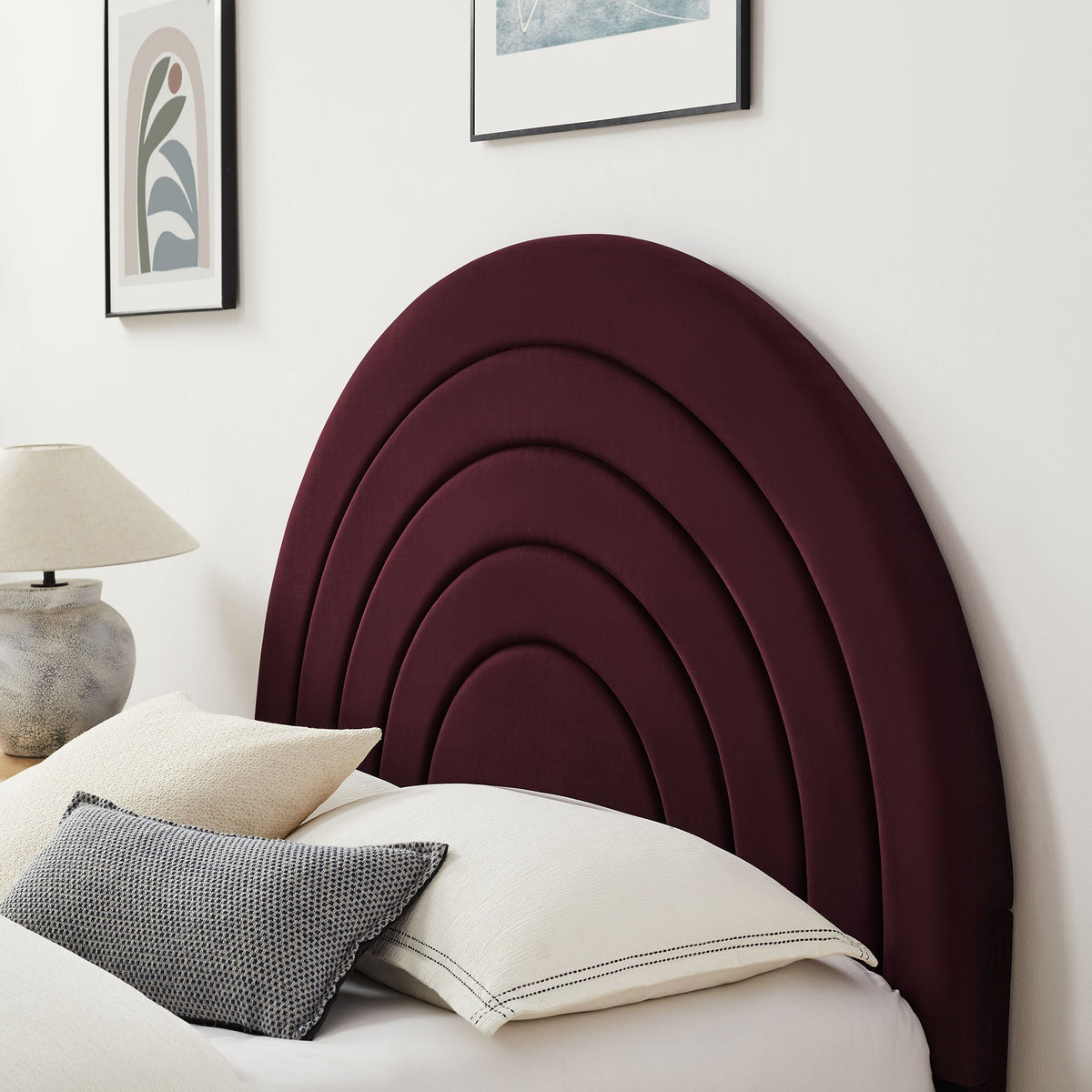 Solana Arched Performance Velvet Full Platform Bed by Modway in burgundy velvet with curved headboard on Tampa Home & Garden Store