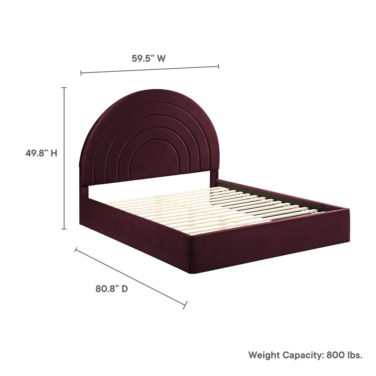Solana arched performance velvet full platform bed in burgundy with slatted base on Tampa Home & Garden Store