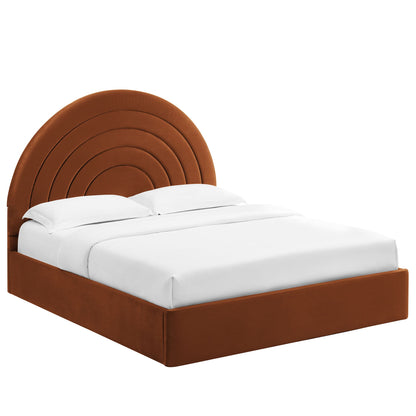 Solana arched velvet full platform bed by Modway with burnt orange headboard and white bedding on Tampa Home & Garden Store