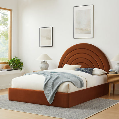 Solana arched performance velvet full platform bed with burnt orange headboard in a modern bedroom on Tampa Home & Garden Store