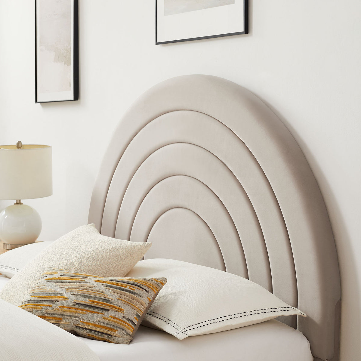 Solana Arched Velvet King Platform Bed by Modway in beige with curved headboard arcs on Tampa Home & Garden Store