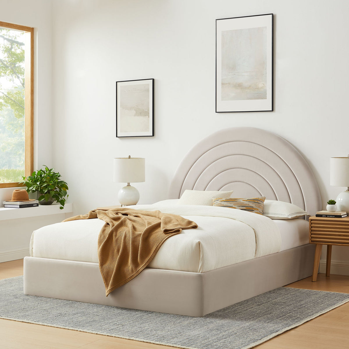 Solana Arched Performance Velvet King Platform Bed by Modway in cream-beige velvet on Tampa Home & Garden Store