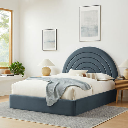 Solana arched velvet king platform bed by HouseOfZazla in blue velvet with curved headboard on Tampa Home & Garden Store