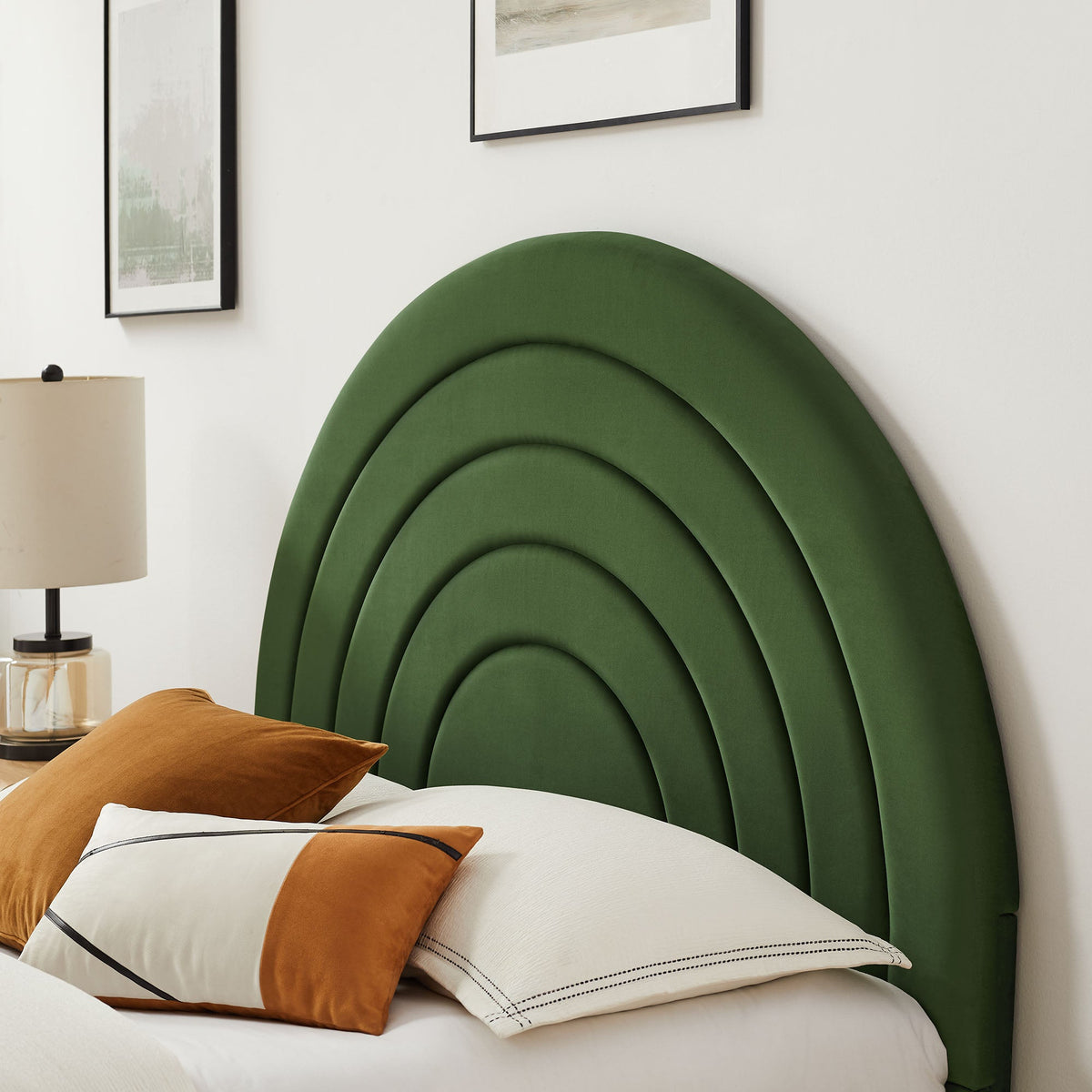 Solana arched velvet king bed by Modway with emerald green headboard and white linens on Tampa Home & Garden Store