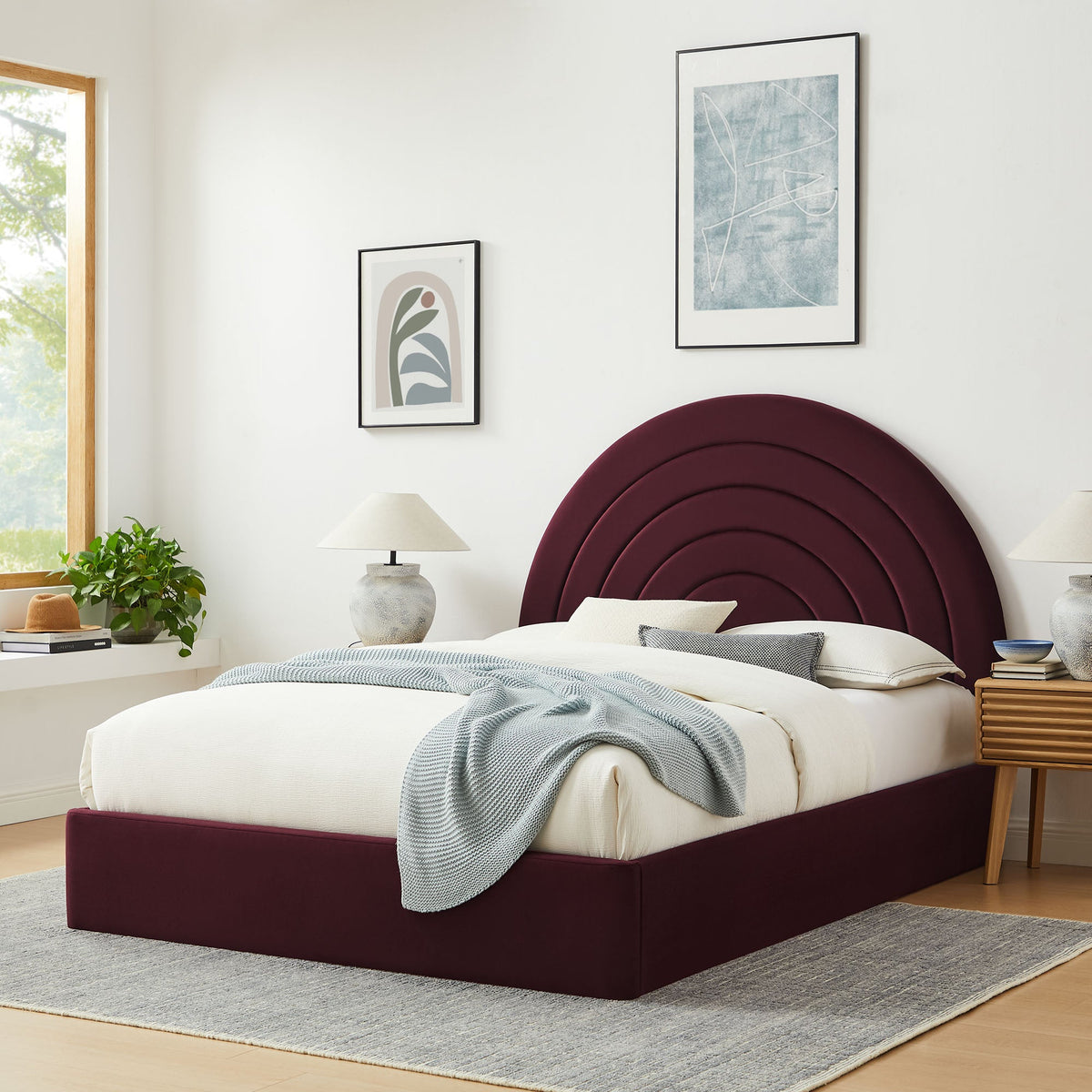 Solana Arched Velvet King Platform Bed burgundy upholstered with curved headboard on Tampa Home & Garden Store