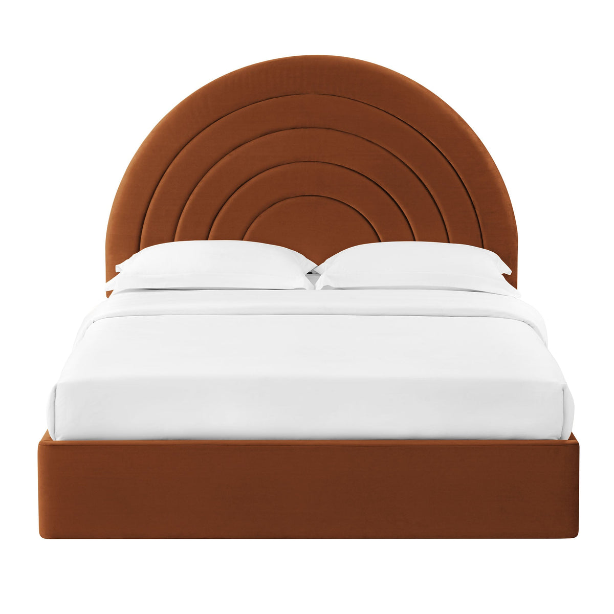 Solana Arched Performance Velvet King Platform Bed with brown velvet headboard and white bedding on Tampa Home & Garden Store