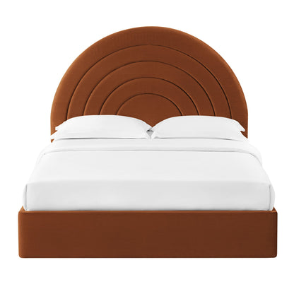 Solana Arched Performance Velvet King Platform Bed with brown velvet headboard and white bedding on Tampa Home & Garden Store