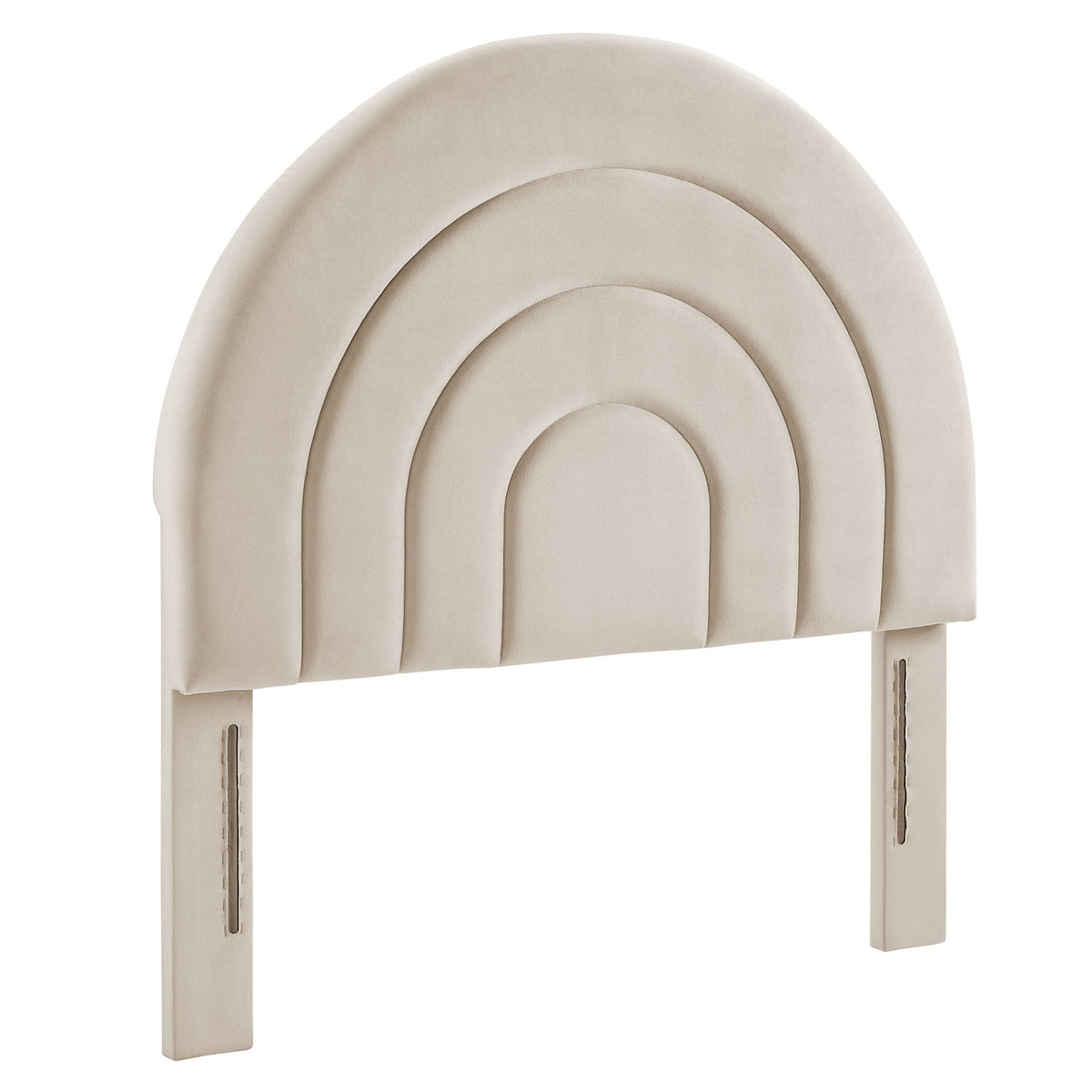 Solana arched performance velvet headboard in beige with curved panels on a wooden base on Tampa Home & Garden Store
