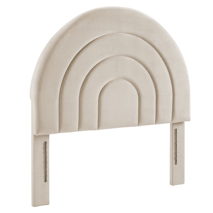 Solana arched performance velvet headboard in beige with curved panels on a wooden base on Tampa Home & Garden Store