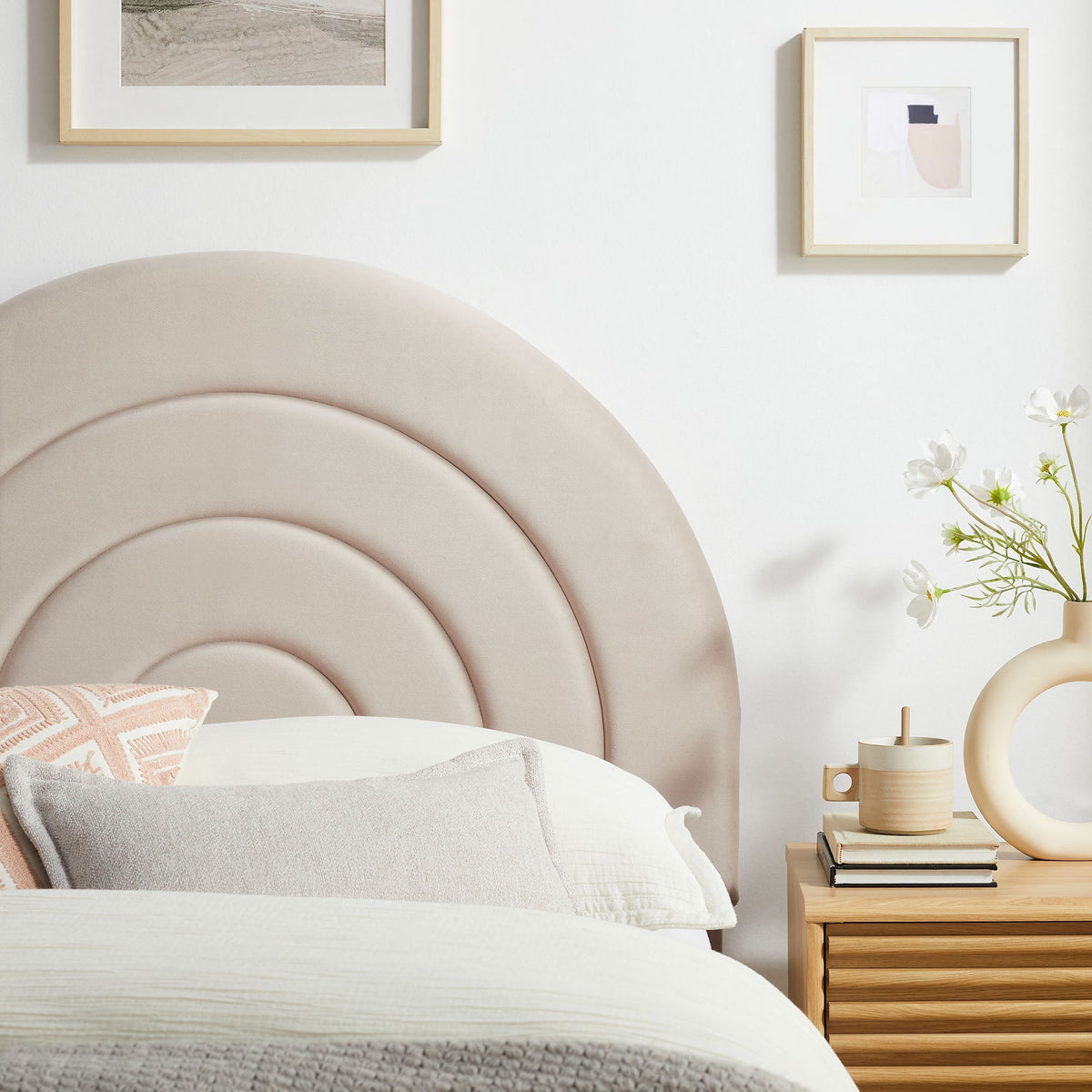Solana arched performance velvet headboard in soft blush pink for bedroom use on Tampa Home & Garden Store