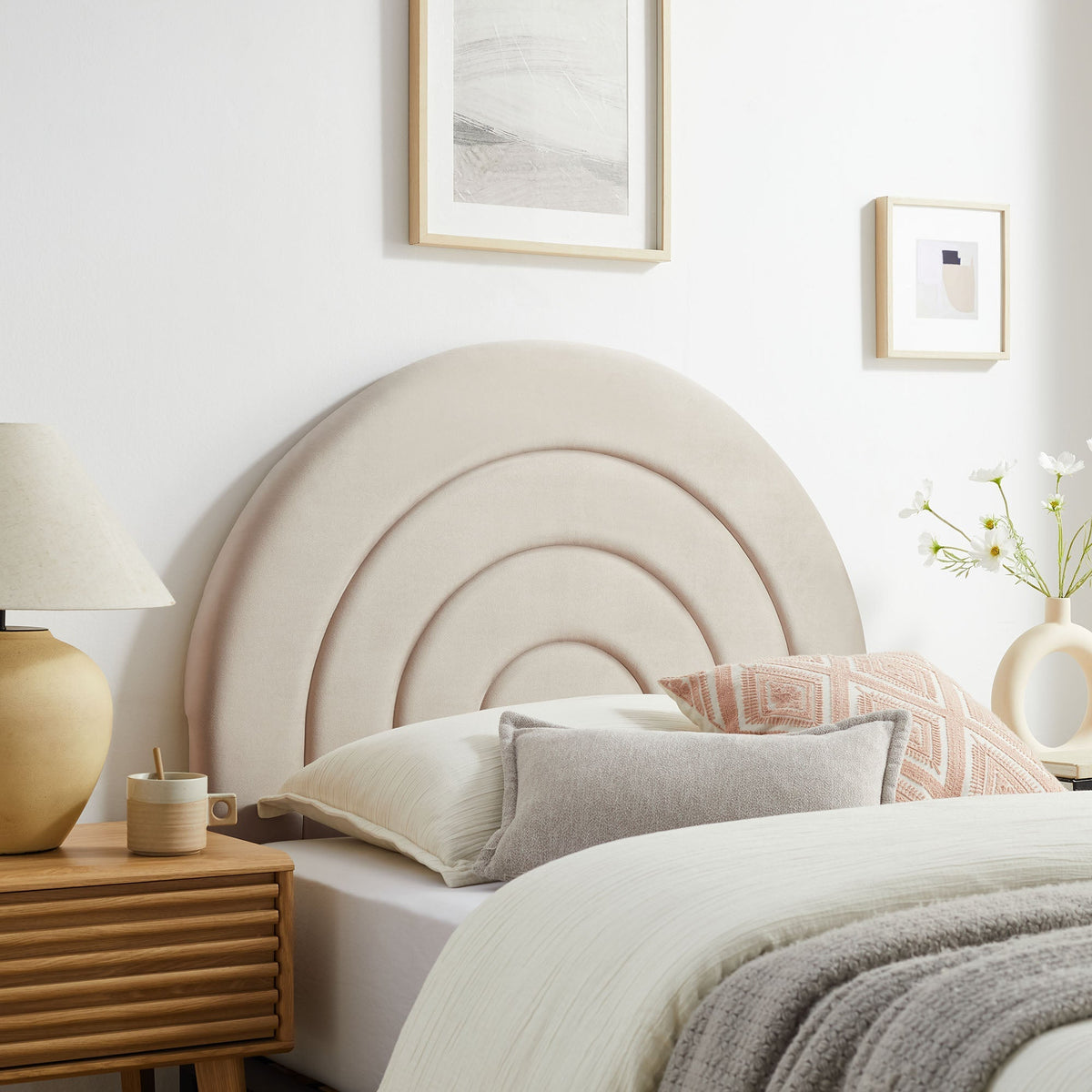 Solana arched performance velvet headboard by Modway in pale beige with curved panels on Tampa Home & Garden Store