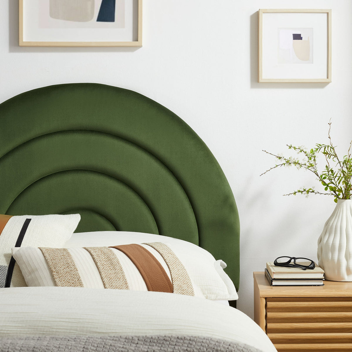 Solana Arched Performance Velvet Headboard in deep green velvet, modern bedroom setup on Tampa Home & Garden Store