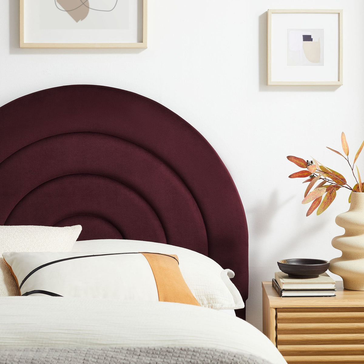 Solana arched performance velvet headboard in burgundy by Modway, bedroom accent on Tampa Home & Garden Store