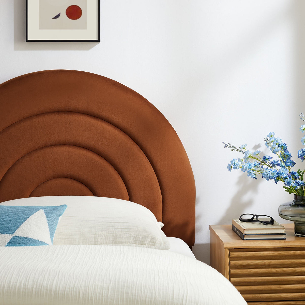 Solana arched performance velvet headboard in warm tan-brown with curved panels on Tampa Home & Garden Store
