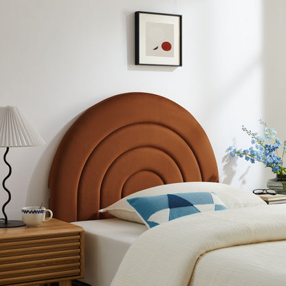 Solana arched velvet headboard in warm rust tone with multi-arch silhouette against white wall on Tampa Home & Garden Store