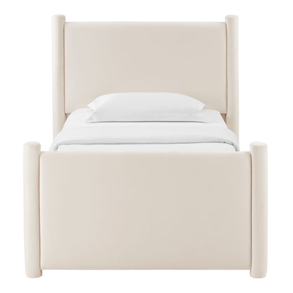 Rael rounded-post velvet platform bed in cream upholstery with tall upholstered headboard on Tampa Home & Garden Store