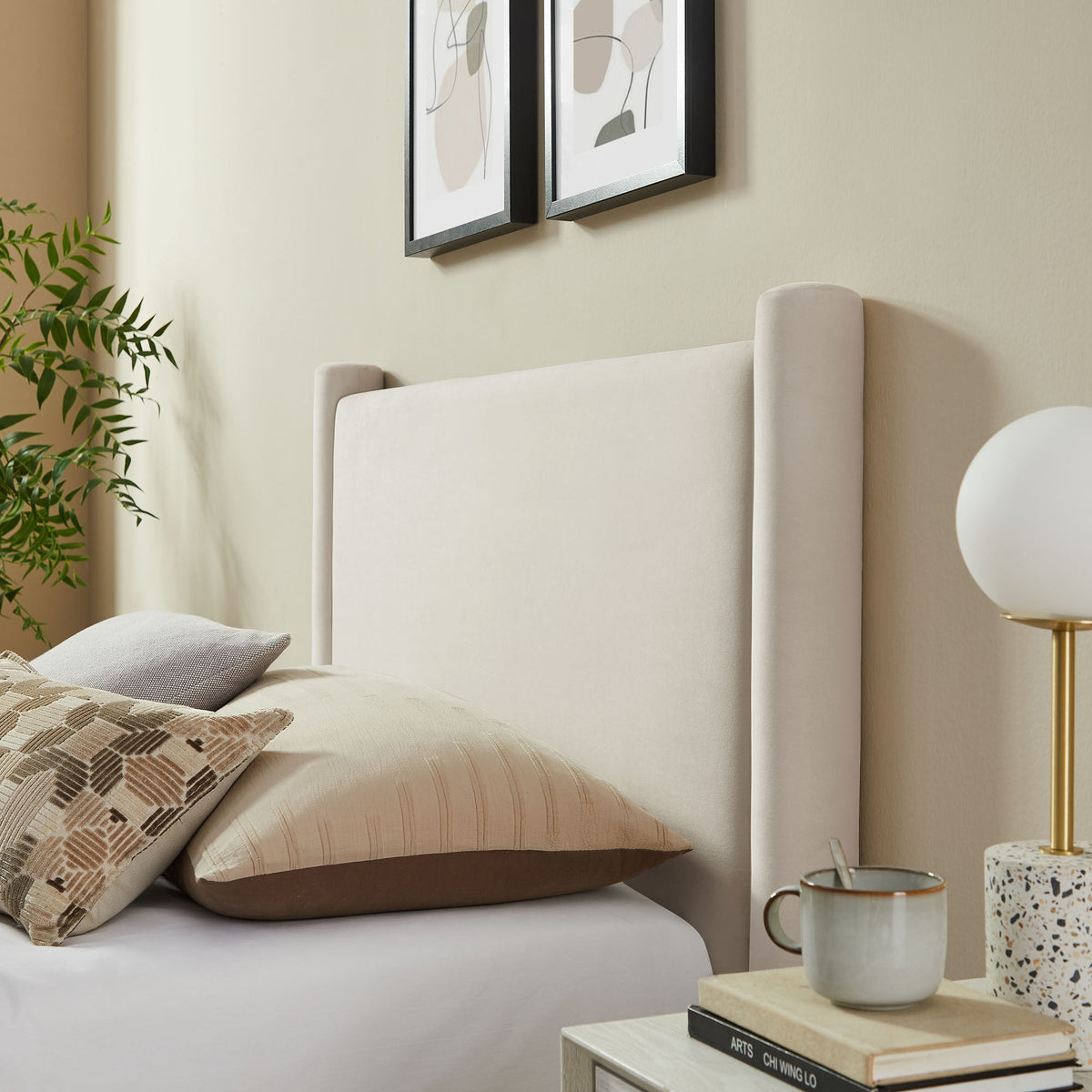 Rael rounded-post performance velvet platform bed in light beige velvet by HouseOfZazla on Tampa Home & Garden Store