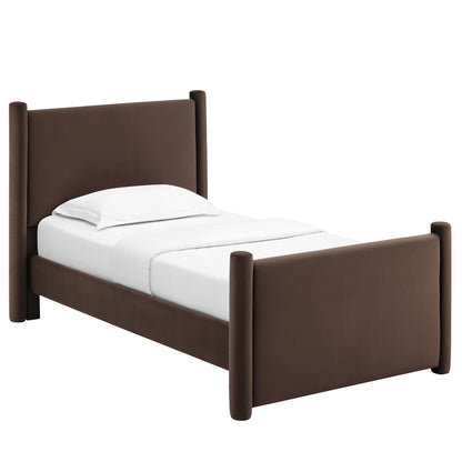 Rael rounded-post performance velvet platform bed in brown velvet with upholstered posts on Tampa Home & Garden Store