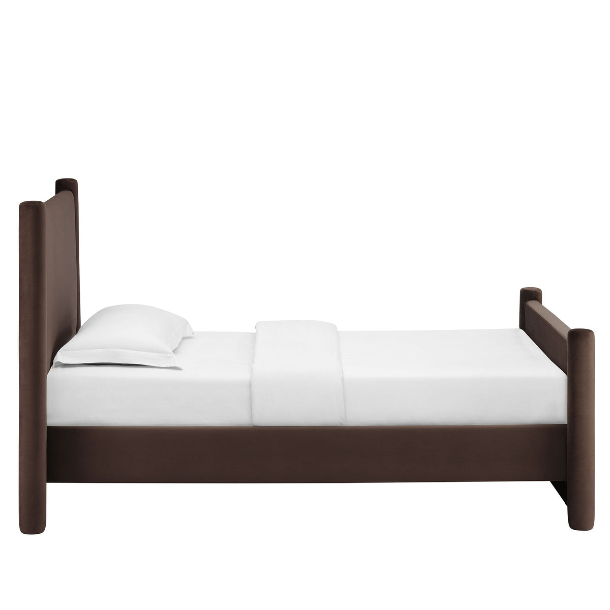 Rael rounded-post velvet platform bed in dark brown with white bedding on Tampa Home & Garden Store