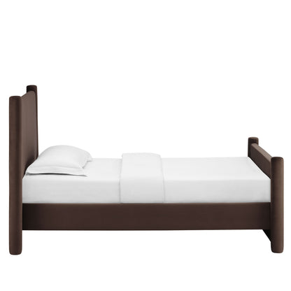 Rael rounded-post velvet platform bed in dark brown with white bedding on Tampa Home & Garden Store