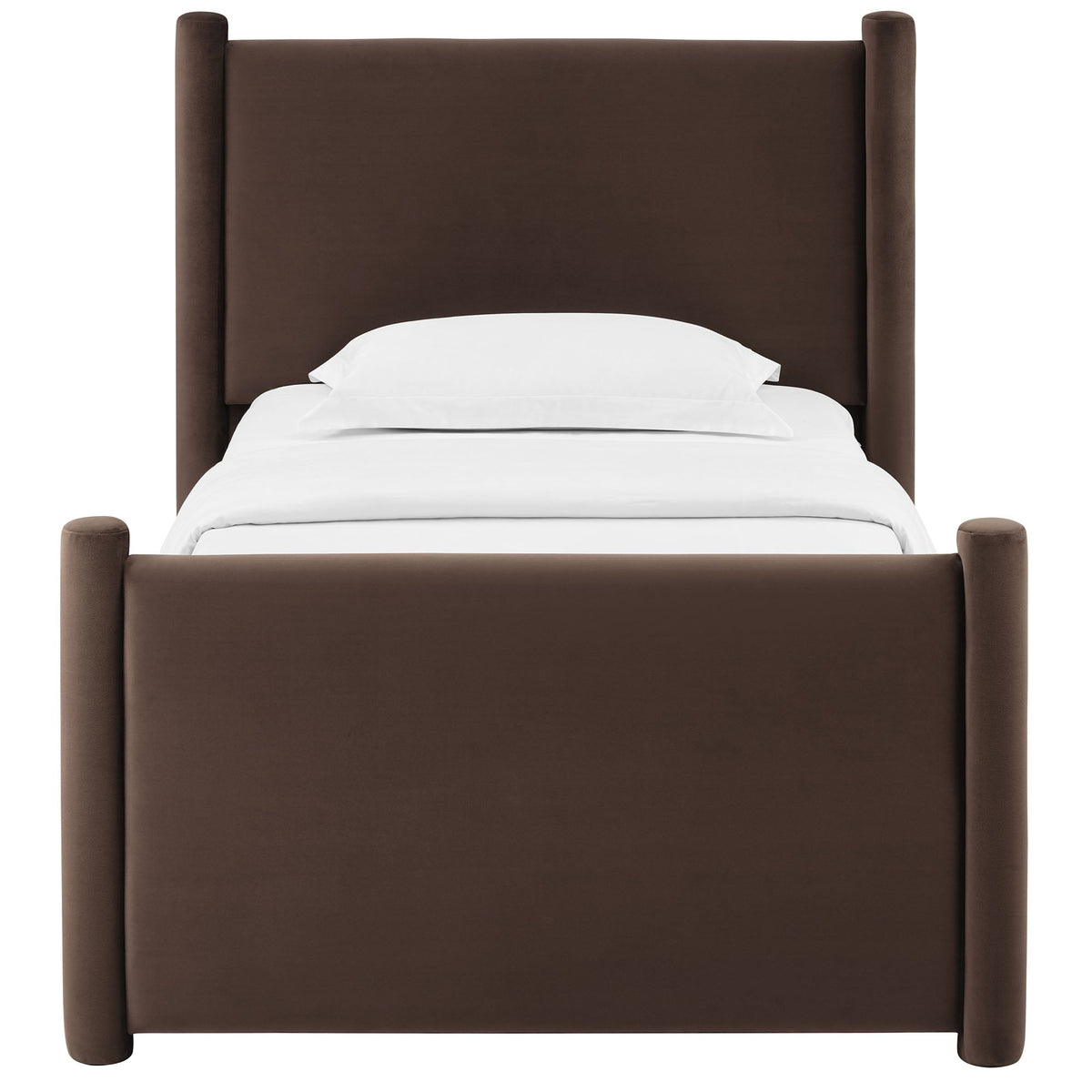 Rael velvet platform bed in brown with tall headboard and rounded posts, white bedding on Tampa Home & Garden Store
