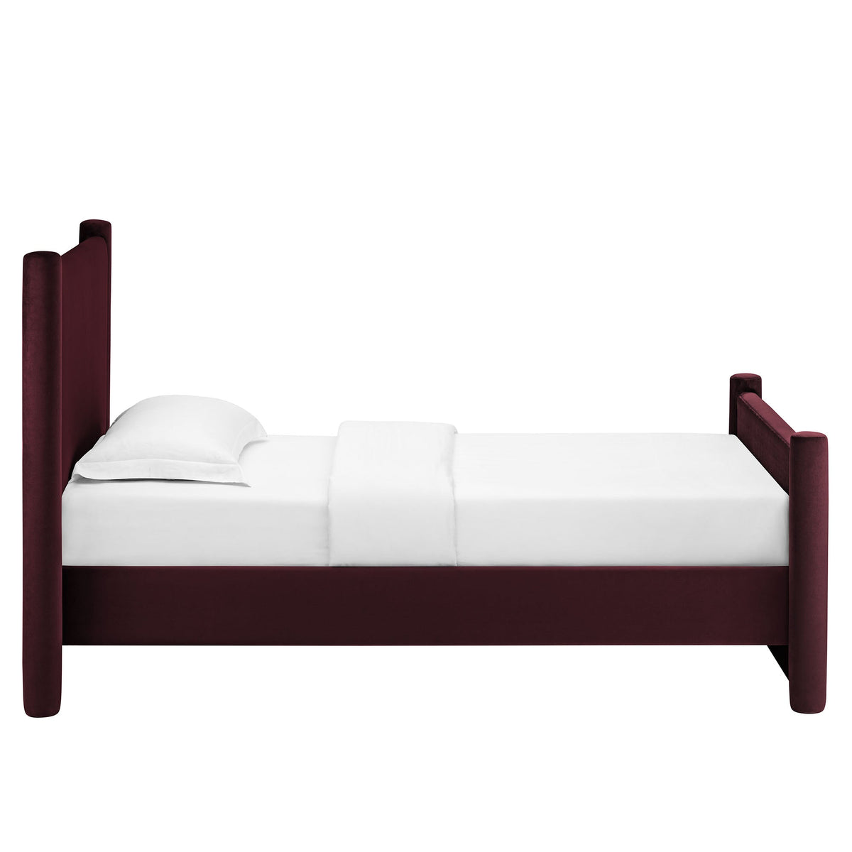 Rael rounded-post velvet platform bed in burgundy velvet with white bedding by HouseOfZazla on Tampa Home & Garden Store