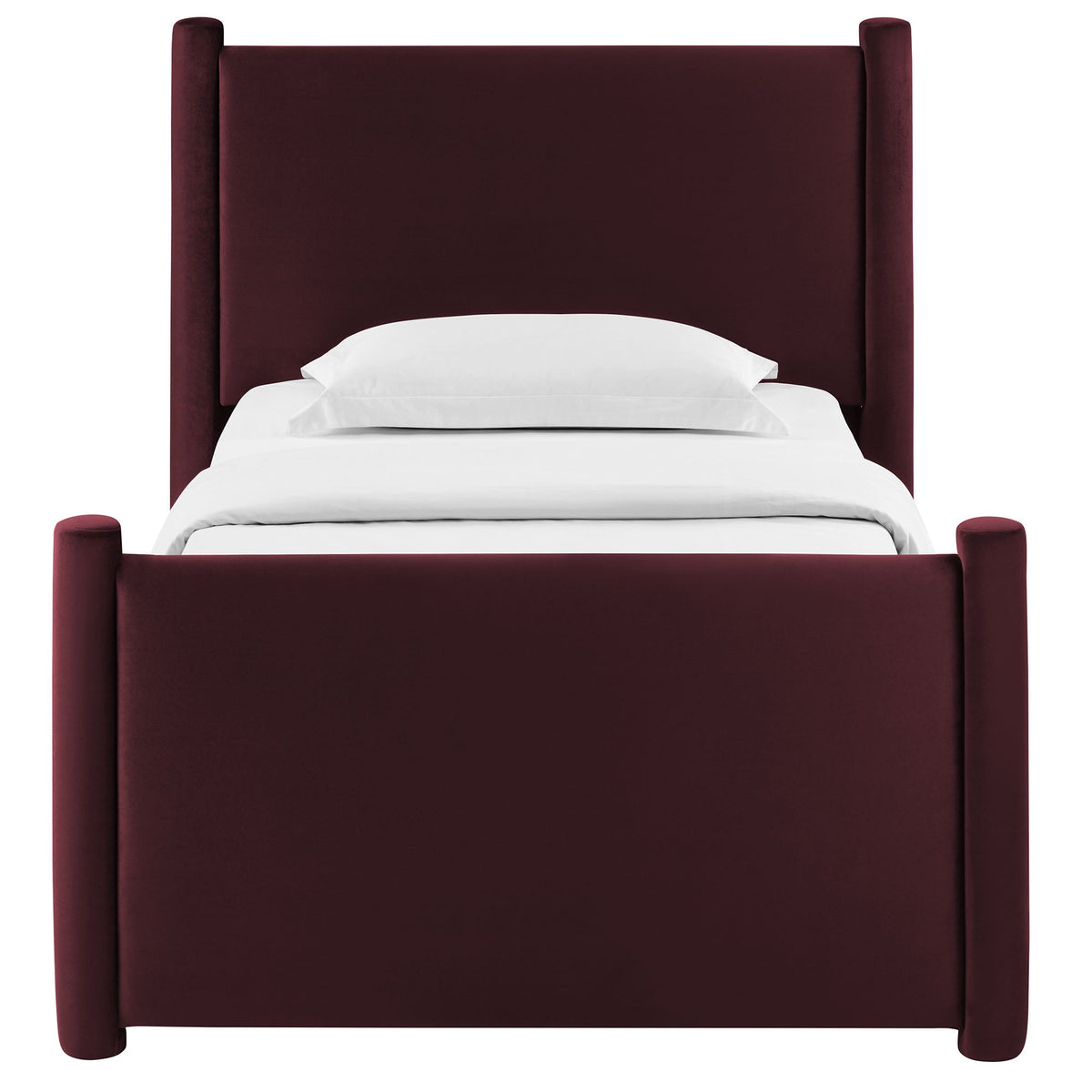 Rael rounded-post velvet platform bed in burgundy with upholstered headboard and round posts on Tampa Home & Garden Store
