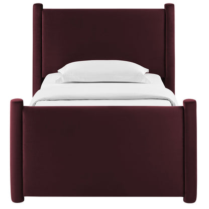 Rael rounded-post velvet platform bed in burgundy with upholstered headboard and round posts on Tampa Home & Garden Store