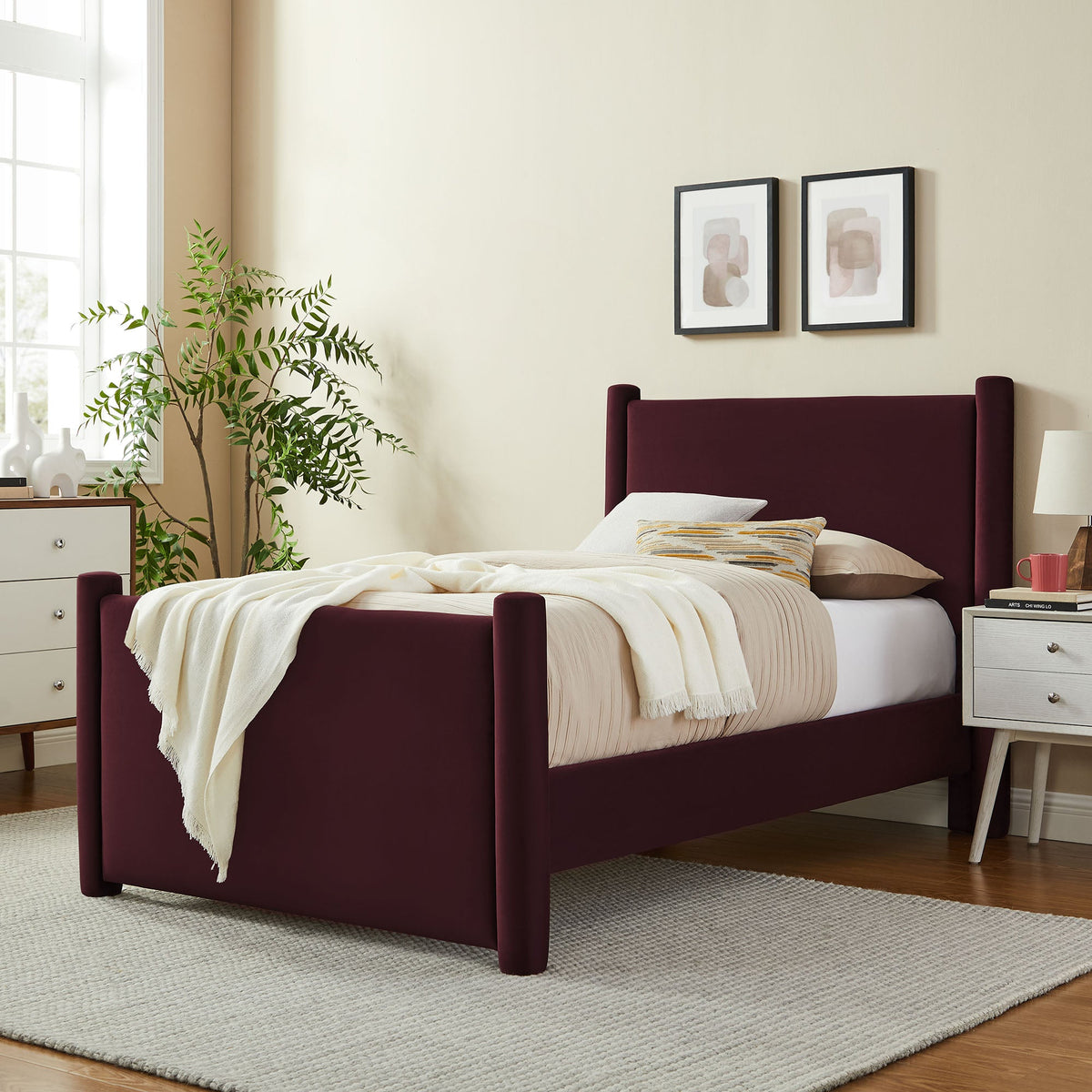 Rael rounded-post velvet platform bed by Modway in burgundy with beige bedding on Tampa Home & Garden Store