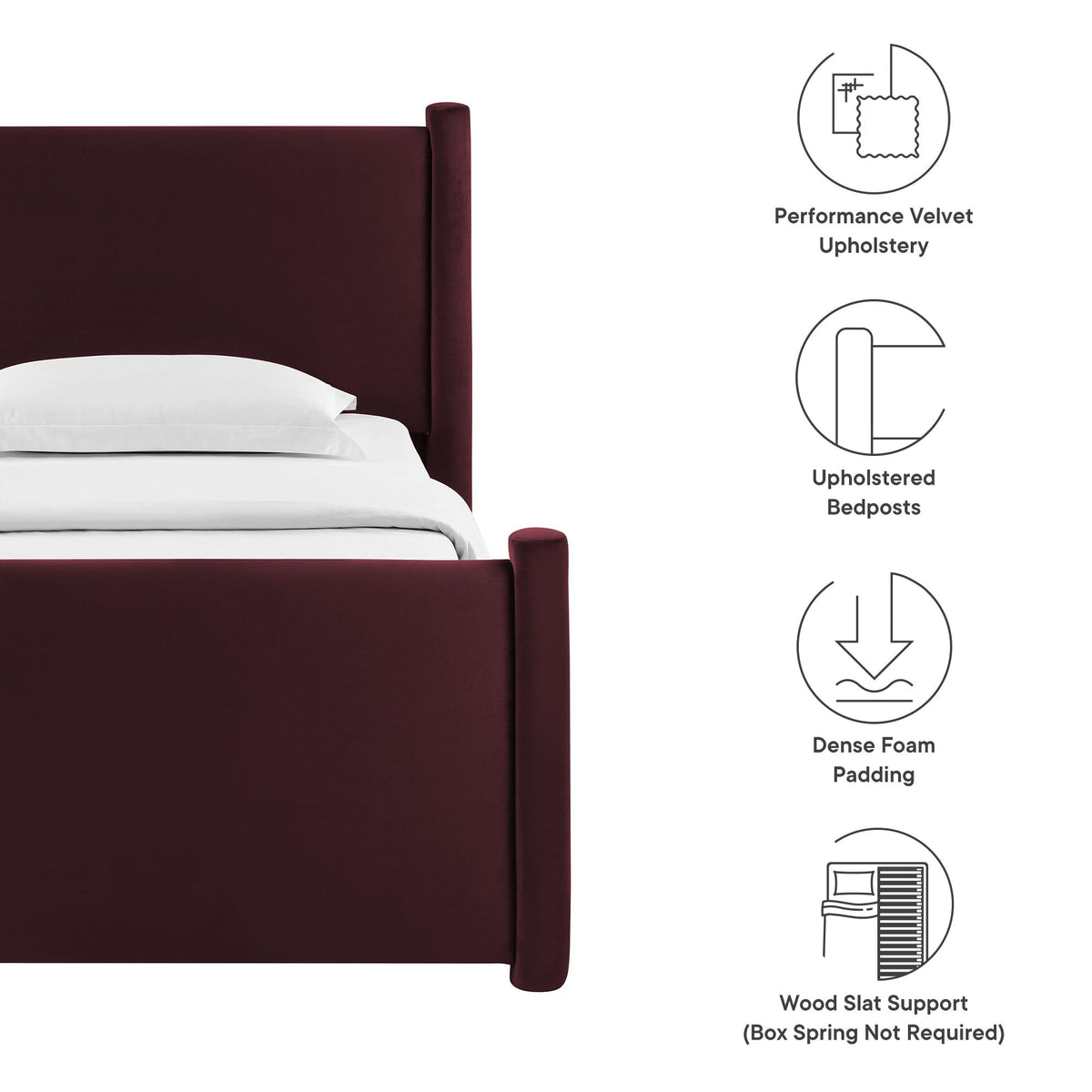 Rael rounded-post platform bed in burgundy performance velvet upholstery on Tampa Home & Garden Store