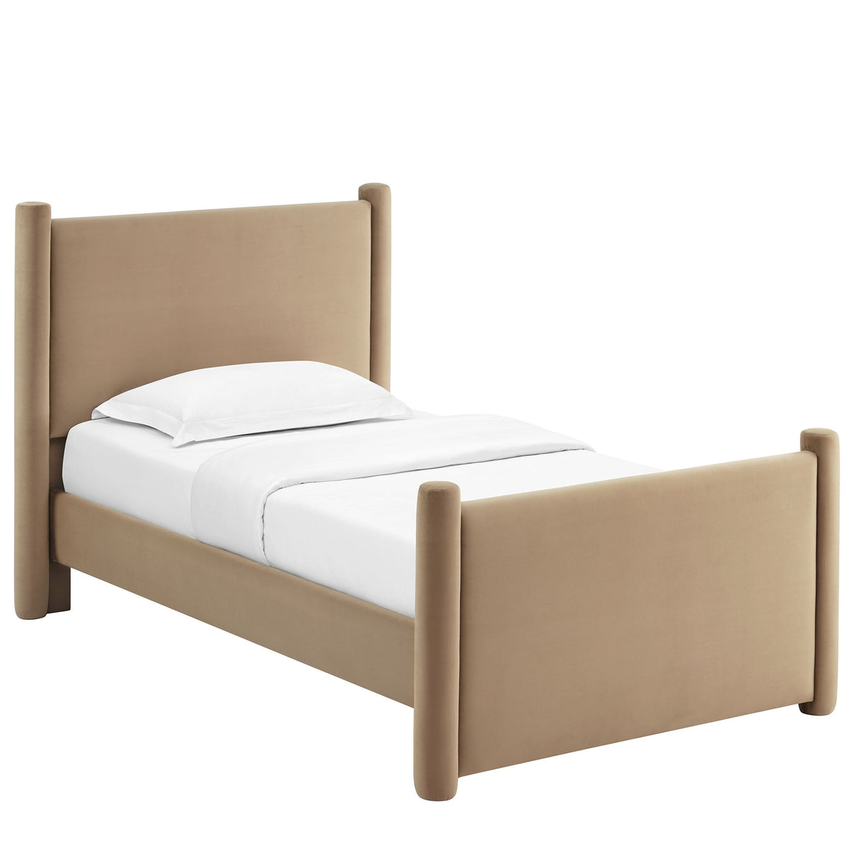 Rael rounded-post velvet platform bed in tan with upholstered headboard by Modway on Tampa Home & Garden Store