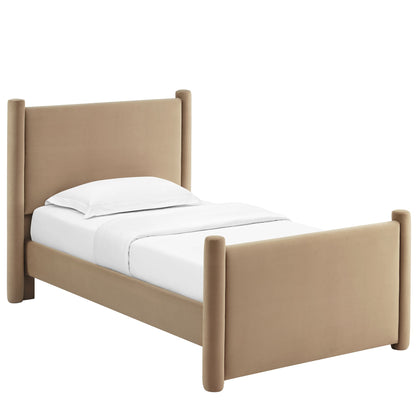 Rael rounded-post velvet platform bed in tan with upholstered headboard by Modway on Tampa Home & Garden Store
