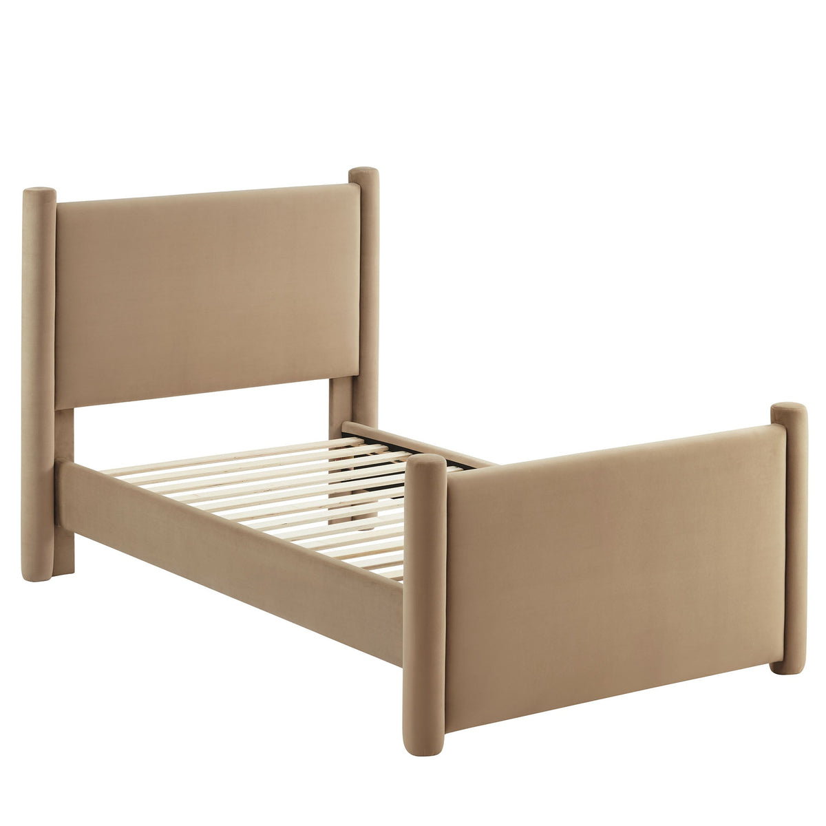 Rael rounded-post velvet platform bed in beige upholstery with tall headboard on Tampa Home & Garden Store