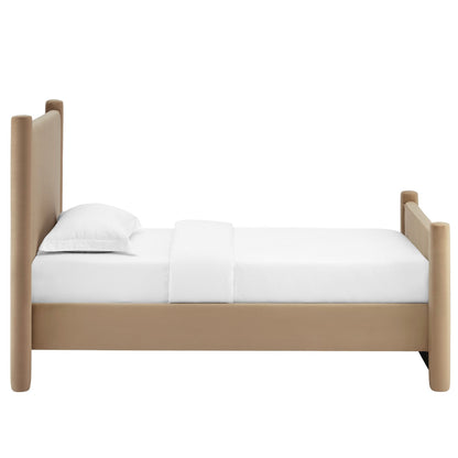 Rael rounded post velvet platform bed in tan with padded headboard and footboard wood frame on Tampa Home & Garden Store