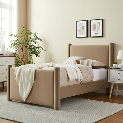 Rael rounded-post beige performance velvet platform bed by HouseOfZazla on Tampa Home & Garden Store